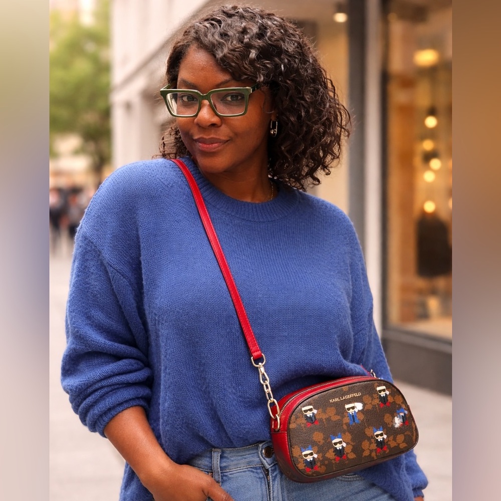 Karl Lagerfeld Pebbled Leather Red Trim Crossbody Bag